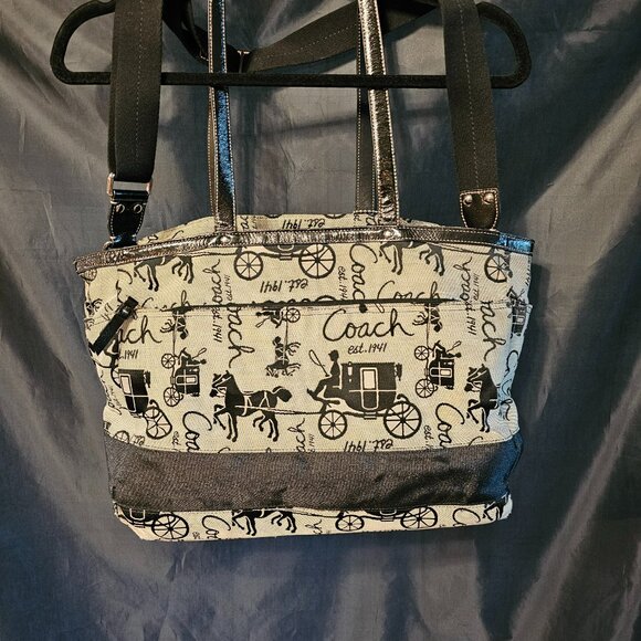 Coach black and tan fabric and shiny leather bag. - Picture 9 of 12